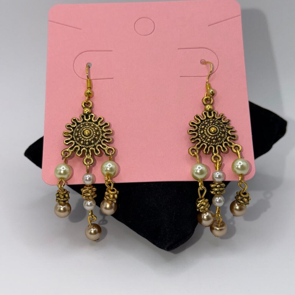 Gold Sun Medallion Pearl Chandelier Earrings Boho Dangle Ethnic Statement